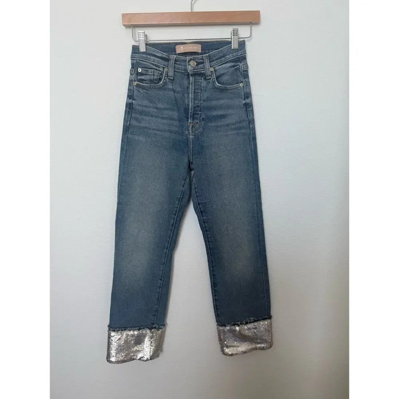 7 For All Mankind Luxe Vintage Sequin‎ Cuff Jeans 23 - Picture 1 of 8